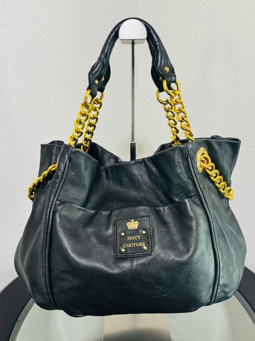 Juicy Couture Black Leather Shoulder Bag with Gold Chain Handles